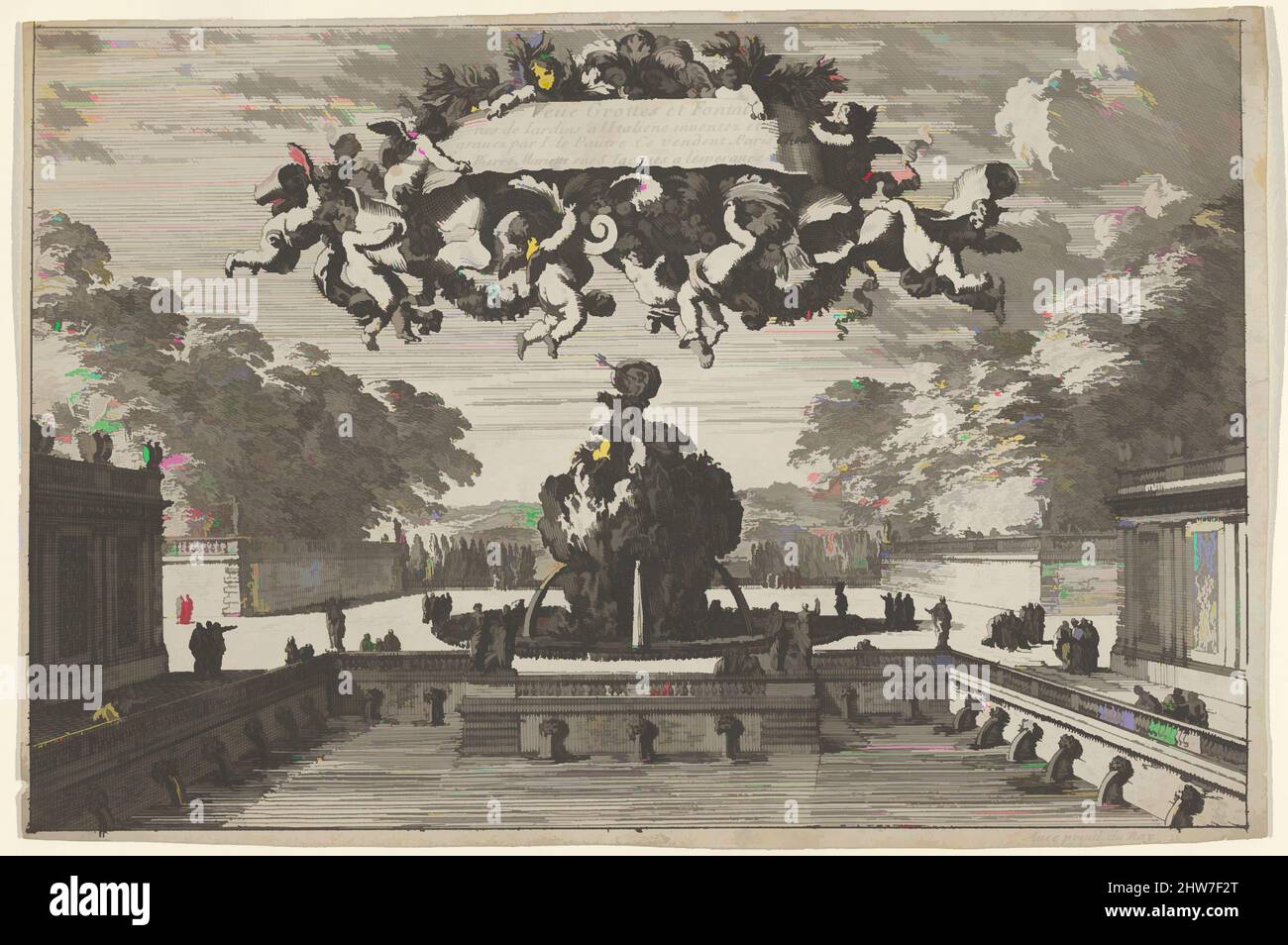 Kunst inspiriert von Blick auf einen Garten mit einem Wasserbecken und einem großen Brunnen, Titelseite von: Grottes et fontaines de jardins à l'italienne, 17. Jahrhundert, Radierung, Blatt: 6 7/16 x 9 9/16 Zoll (16,3 x 24,3 cm), Jean Le Pautre (Französisch, Paris 1618–1682 Paris), Pierre Mariette le fils (Französisch, Klassische Werke, die von Artotop mit einem Schuss Moderne modernisiert wurden. Formen, Farbe und Wert, auffällige visuelle Wirkung auf Kunst. Emotionen durch Freiheit von Kunstwerken auf zeitgemäße Weise. Eine zeitlose Botschaft, die eine wild kreative neue Richtung verfolgt. Künstler, die sich dem digitalen Medium zuwenden und die Artotop NFT erschaffen Stockfoto