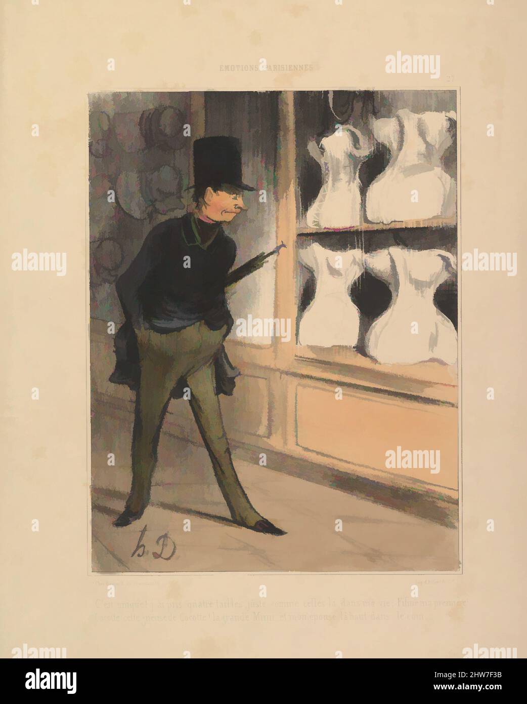 Kunst inspiriert von C'est Unique! J'ai Pris Quatre Tailles..., aus Émotions Parisiennes, veröffentlicht in Le Charivari, 7. Februar 1840, 7. Februar 1840, Farbige Lithographie; zweiter Zustand von zwei (Delteil), Blatt: 14 3/16 × 10 13/16 Zoll (36 × 27,5 cm), Drucke, Honoré Daumier (Französisch, Klassische Werke, die von Artotop mit einem Schuss Modernität modernisiert wurden. Formen, Farbe und Wert, auffällige visuelle Wirkung auf Kunst. Emotionen durch Freiheit von Kunstwerken auf zeitgemäße Weise. Eine zeitlose Botschaft, die eine wild kreative neue Richtung verfolgt. Künstler, die sich dem digitalen Medium zuwenden und die Artotop NFT erschaffen Stockfoto