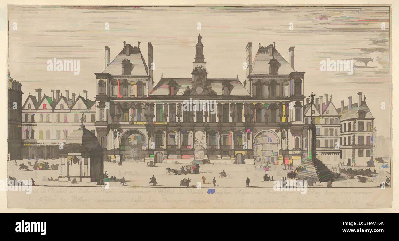 Kunst inspiriert von Blick auf die Fassade des Hôtel de Ville, Paris, im Vordergrund ein Kreuz auf einer Treppenplattform und ein freistehendes Kuppelgebäude, ca. 1636–91, Radierung, Blatt: 5 11/16 x 11 5/16 Zoll (14,5 x 28,8 cm), Israel Silvestre (Französisch, Nancy 1621–1691 Paris), Figuren zugeschrieben, Klassische Werke, die von Artotop mit einem Schuss Moderne modernisiert wurden. Formen, Farbe und Wert, auffällige visuelle Wirkung auf Kunst. Emotionen durch Freiheit von Kunstwerken auf zeitgemäße Weise. Eine zeitlose Botschaft, die eine wild kreative neue Richtung verfolgt. Künstler, die sich dem digitalen Medium zuwenden und die Artotop NFT erschaffen Stockfoto