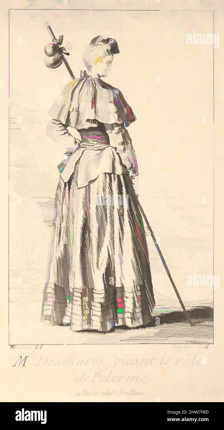 Kunst inspiriert von der Schauspielerin Charlotte Desmares in der Rolle einer Pilgerin, von hinten gezeigt, mit dem Kopf nach rechts gedreht, hält sie einen Gehstock, Jakobsmuscheln schmücken ihren Umhang, ca. 1710–39, Radierung mit Gravur, Blatt: 5 1/2 x 3 1/16 Zoll (13,9 x 7,7 cm), Drucke, Louis, Klassisches Werk, das von Artotop mit einem Schuss Moderne modernisiert wurde. Formen, Farbe und Wert, auffällige visuelle Wirkung auf Kunst. Emotionen durch Freiheit von Kunstwerken auf zeitgemäße Weise. Eine zeitlose Botschaft, die eine wild kreative neue Richtung verfolgt. Künstler, die sich dem digitalen Medium zuwenden und die Artotop NFT erschaffen Stockfoto