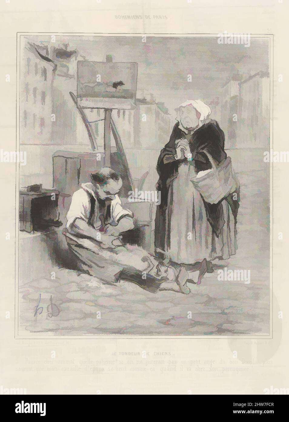 Kunst inspiriert von Le Tondeur de chiens, Platte 21 aus der Serie Bohémiens de Paris, veröffentlicht in Le Charivari, 15. Februar 1842, Lithographie, Blatt: 13 11/16 x 10 1/16 Zoll (34,8 x 25,5 cm), Drucke, Honoré Daumier (französisch, Marseille 1808–1879 Valmondois, Klassische Werke, die von Artotop mit einem Schuss Moderne modernisiert wurden. Formen, Farbe und Wert, auffällige visuelle Wirkung auf Kunst. Emotionen durch Freiheit von Kunstwerken auf zeitgemäße Weise. Eine zeitlose Botschaft, die eine wild kreative neue Richtung verfolgt. Künstler, die sich dem digitalen Medium zuwenden und die Artotop NFT erschaffen Stockfoto