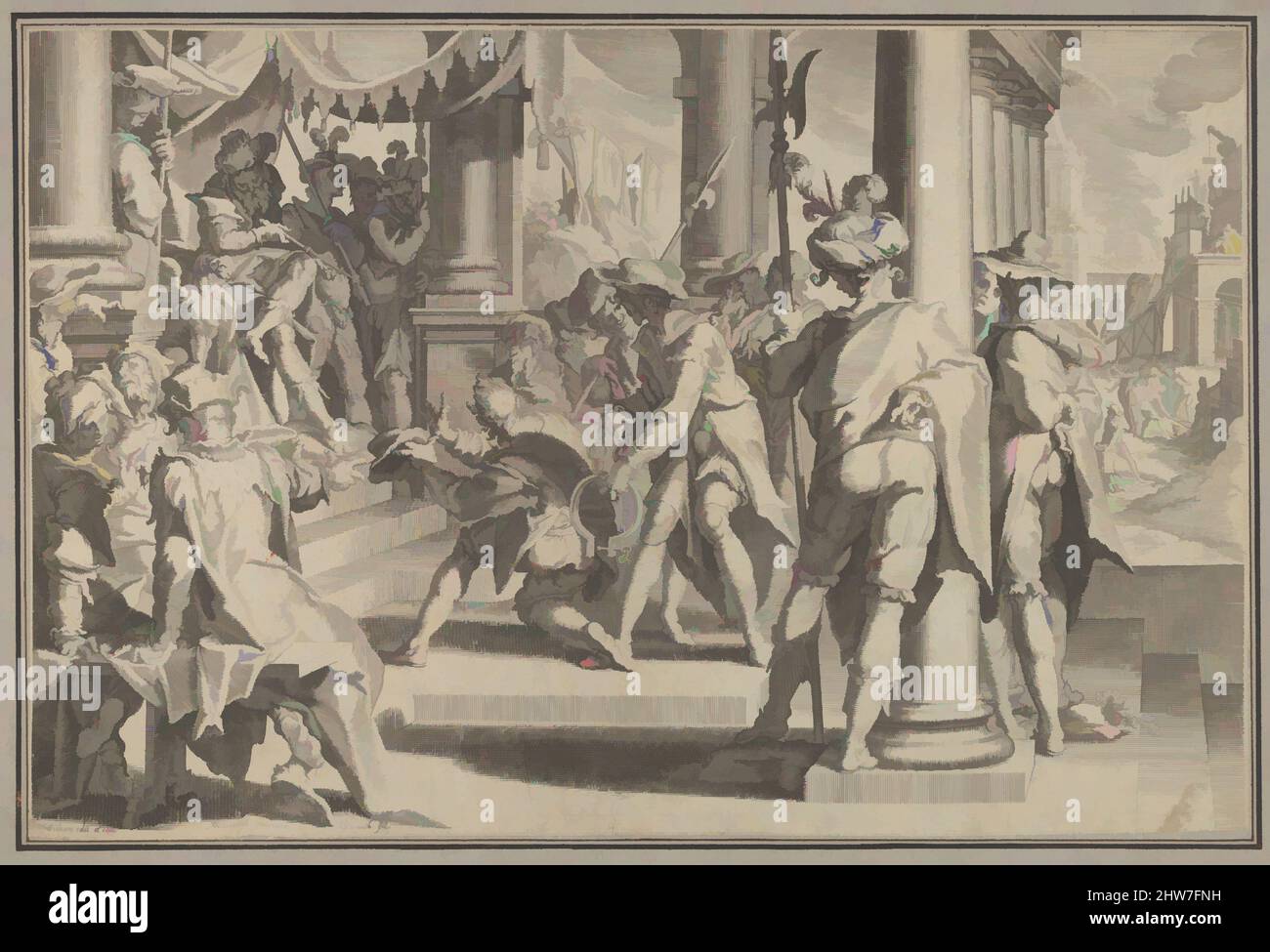 Kunst inspiriert von der Allegorie der Gerechtigkeit (Heiligkeit des Gesetzes) mit einer Gerichtsszene, die einen Mann darstellt, der von einem Richter begnadigt wird, von Thronus Justitiae, tredecim pulcherrimus tabulis..., Tafel 12, 1605, Gravur, Blatt: 11 9/16 x 16 3/4 Zoll (29,3 x 42,5 cm), Drucke, Willem van Swanenburg (, Klassische Werke, die von Artotop mit einem Schuss Moderne modernisiert wurden. Formen, Farbe und Wert, auffällige visuelle Wirkung auf Kunst. Emotionen durch Freiheit von Kunstwerken auf zeitgemäße Weise. Eine zeitlose Botschaft, die eine wild kreative neue Richtung verfolgt. Künstler, die sich dem digitalen Medium zuwenden und die Artotop NFT erschaffen Stockfoto