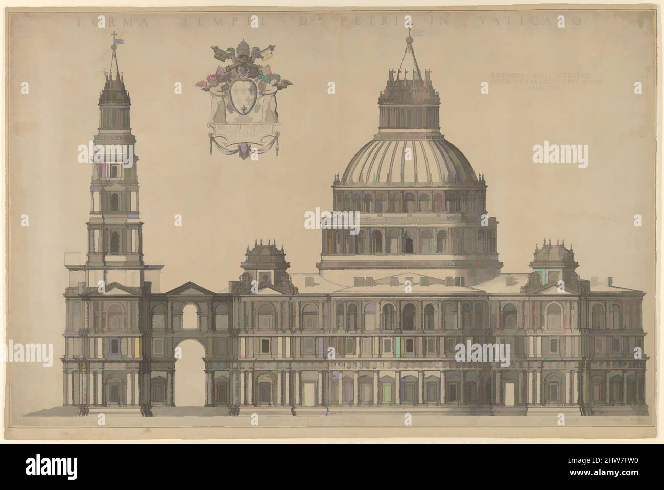 Kunst inspiriert von Antonio da Sangallo's Projekt für St. Peters, Plan der façade nach links mit einem Turm, 1540–49, Gravur, Blatt: 13 1/2 x 20 3/8 Zoll (34,3 x 51,7 cm), Drucke, nach Antonio da Labacco (italienisch, bei Vigevano ca. 1495–nach 1567 modernisierte Classic Works von Artotop mit einem Schuss Moderne. Formen, Farbe und Wert, auffällige visuelle Wirkung auf Kunst. Emotionen durch Freiheit von Kunstwerken auf zeitgemäße Weise. Eine zeitlose Botschaft, die eine wild kreative neue Richtung verfolgt. Künstler, die sich dem digitalen Medium zuwenden und die Artotop NFT erschaffen Stockfoto