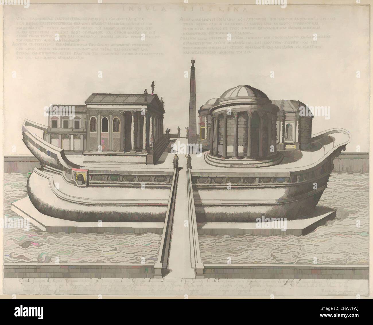 Kunst inspiriert von Blick auf die Tiberinsel dargestellt als Schiff, der Tempel des Aesculapius links, 1582, Gravur und Radierung, Blatt: 15 13/16 x 21 11/16 Zoll (40,2 x 55,1 cm), Drucke, Giovanni Ambrogio Brambilla (Italienisch, aktives Rom, 1575–99, Klassische Werke, die von Artotop mit einem Schuss Moderne modernisiert wurden. Formen, Farbe und Wert, auffällige visuelle Wirkung auf Kunst. Emotionen durch Freiheit von Kunstwerken auf zeitgemäße Weise. Eine zeitlose Botschaft, die eine wild kreative neue Richtung verfolgt. Künstler, die sich dem digitalen Medium zuwenden und die Artotop NFT erschaffen Stockfoto