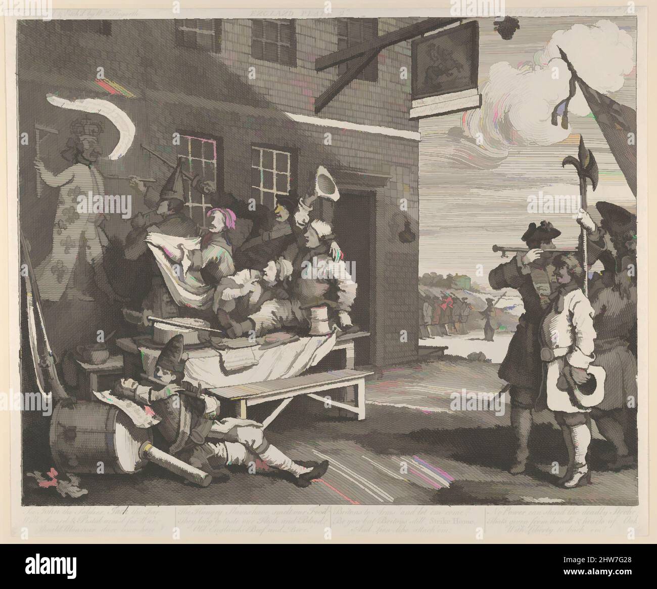 Kunst inspiriert von der Invasion, Platte 2: England, 8. März 1756, Radierung; Dritter Zustand von drei, Blatt: 12 9/16 x 15 3/16 Zoll (31,9 x 38,5 cm), Drucke, William Hogarth (British, London 1697–1764 London, Klassische Werke, die von Artotop mit einem Schuss Moderne modernisiert wurden. Formen, Farbe und Wert, auffällige visuelle Wirkung auf Kunst. Emotionen durch Freiheit von Kunstwerken auf zeitgemäße Weise. Eine zeitlose Botschaft, die eine wild kreative neue Richtung verfolgt. Künstler, die sich dem digitalen Medium zuwenden und die Artotop NFT erschaffen Stockfoto