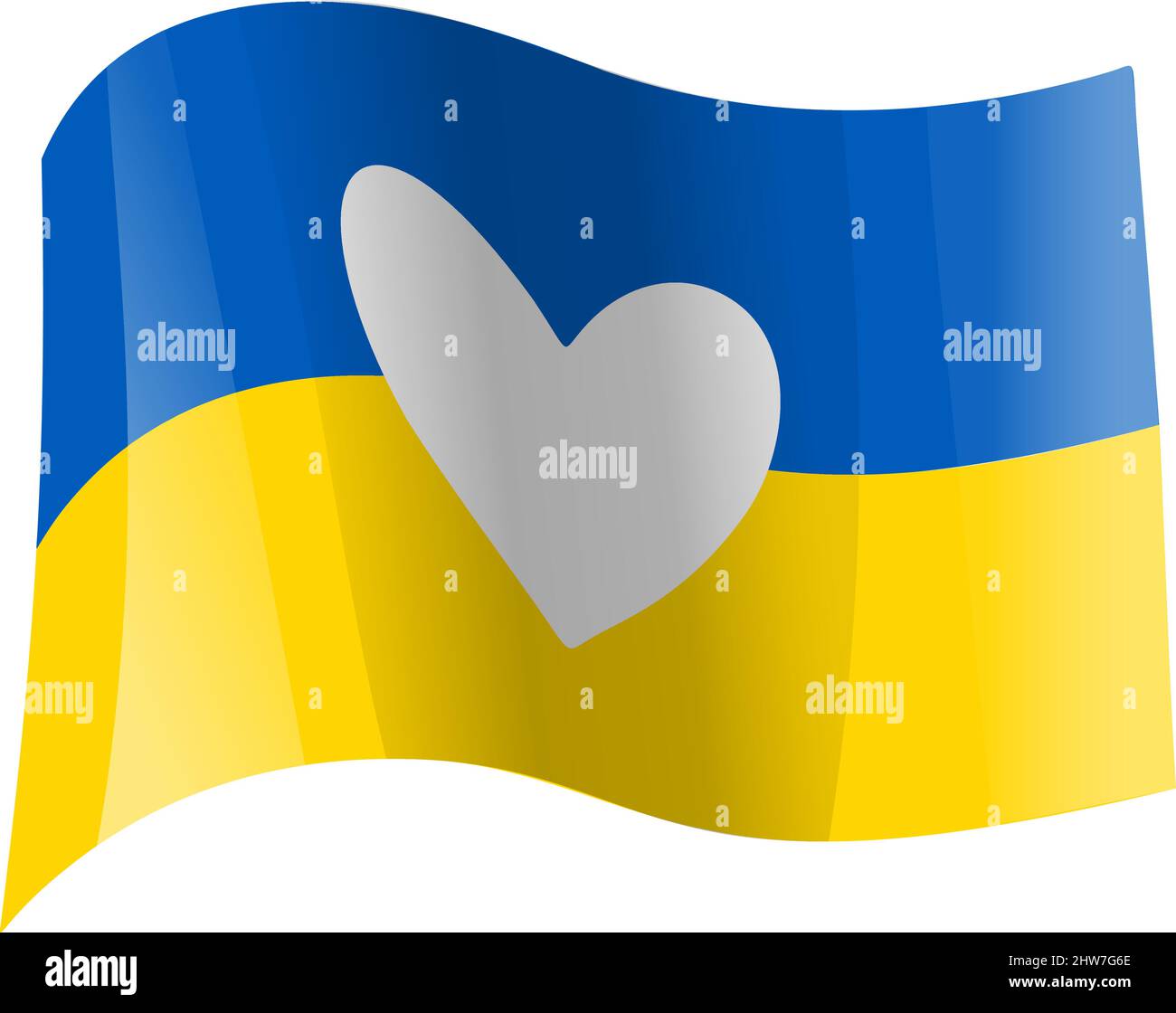 Winkende ukrainische Flagge mit weißer Herzform isoliert auf weißem Hintergrund, Vektorgrafik Stock Vektor