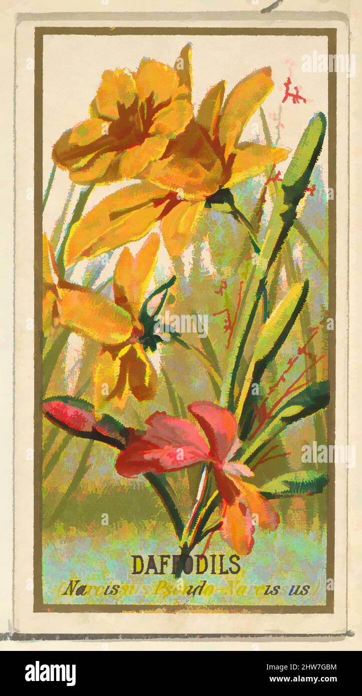 Kunst inspiriert von Narzissen (Narcissis Pseudo-Narcissus), aus der Serie Flowers for Old Judge Zigaretten, 1890, kommerzielle Farblithographie, Blatt: 2 3/4 x 1 1/2 cm (7 x 3,8 cm), die „Blumen“-Serie von Trading Cards (N164), wurde 1890 von Goodwin & Company herausgegeben, um Old Judge, Classic Works zu fördern, die von Artotop mit einem Schuss Moderne modernisiert wurden. Formen, Farbe und Wert, auffällige visuelle Wirkung auf Kunst. Emotionen durch Freiheit von Kunstwerken auf zeitgemäße Weise. Eine zeitlose Botschaft, die eine wild kreative neue Richtung verfolgt. Künstler, die sich dem digitalen Medium zuwenden und die Artotop NFT erschaffen Stockfoto