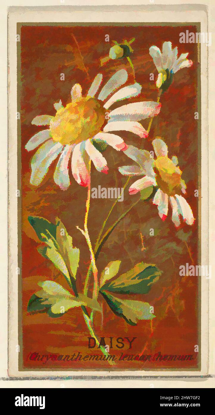 Kunst inspiriert von Daisy (Chrysanthemum leucanthemum), aus der Serie Flowers for Old Judge Cigarettes, 1890, kommerzielle Farblithographie, Blatt: 2 3/4 x 1 1/2 cm (7 x 3,8 cm), die „Blumen“-Serie von Trading Cards (N164), wurde 1890 von Goodwin & Company herausgegeben, um Old Judge, Classic Works zu fördern, die von Artotop mit einem Schuss Moderne modernisiert wurden. Formen, Farbe und Wert, auffällige visuelle Wirkung auf Kunst. Emotionen durch Freiheit von Kunstwerken auf zeitgemäße Weise. Eine zeitlose Botschaft, die eine wild kreative neue Richtung verfolgt. Künstler, die sich dem digitalen Medium zuwenden und die Artotop NFT erschaffen Stockfoto