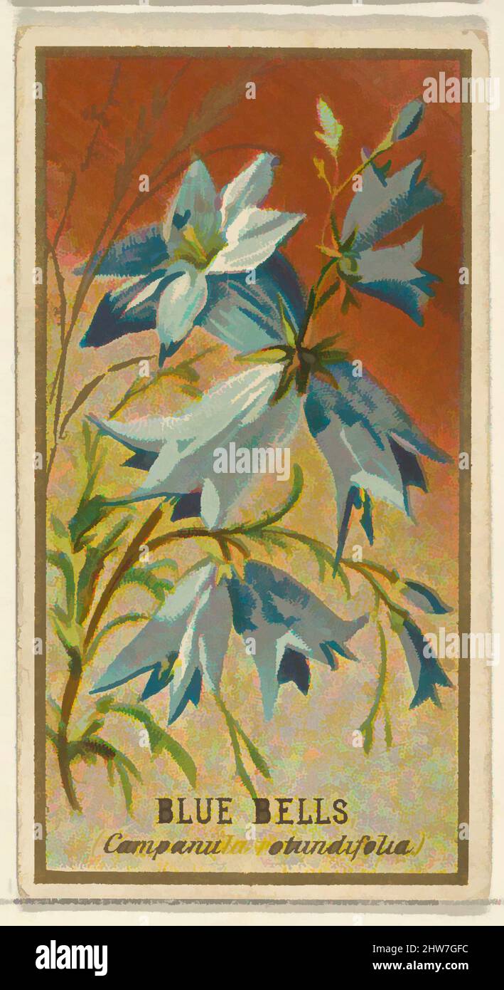 Kunst inspiriert von Bluebells (Campanula rotundifolia), aus der Serie Flowers for Old Judge Cigarettes, 1890, kommerzielle Farblithographie, Blatt: 2 3/4 x 1 1/2 cm (7 x 3,8 cm), die „Blumen“-Serie von Trading Cards (N164), wurde 1890 von Goodwin & Company herausgegeben, um Old Judge, Classic Works zu fördern, die von Artotop mit einem Schuss Moderne modernisiert wurden. Formen, Farbe und Wert, auffällige visuelle Wirkung auf Kunst. Emotionen durch Freiheit von Kunstwerken auf zeitgemäße Weise. Eine zeitlose Botschaft, die eine wild kreative neue Richtung verfolgt. Künstler, die sich dem digitalen Medium zuwenden und die Artotop NFT erschaffen Stockfoto