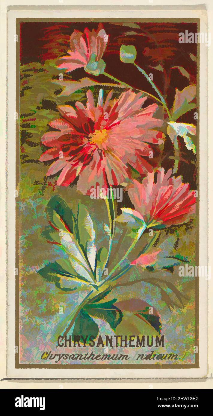 Kunst inspiriert von Chrysanthemum (Chrysanthemum Indicum), aus der Serie Flowers for Old Judge Cigarettes, 1890, kommerzielle Farblithographie, Blatt: 2 3/4 x 1 1/2 cm (7 x 3,8 cm), die „Blumen“-Serie von Trading Cards (N164), wurde 1890 von Goodwin & Company herausgegeben, um Old Judge, Classic Works zu fördern, die von Artotop mit einem Schuss Moderne modernisiert wurden. Formen, Farbe und Wert, auffällige visuelle Wirkung auf Kunst. Emotionen durch Freiheit von Kunstwerken auf zeitgemäße Weise. Eine zeitlose Botschaft, die eine wild kreative neue Richtung verfolgt. Künstler, die sich dem digitalen Medium zuwenden und die Artotop NFT erschaffen Stockfoto