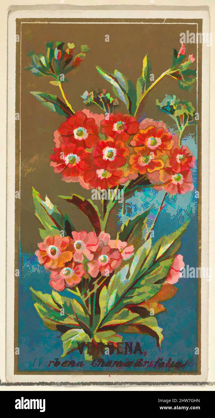 Kunst inspiriert von Verbena (Verbena chamaedrifolia), aus der Serie Flowers for Old Judge Cigarettes, 1890, kommerzielle Farblithographie, Blatt: 2 3/4 x 1 1/2 cm (7 x 3,8 cm), die „Blumen“-Serie von Trading Cards (N164), wurde 1890 von Goodwin & Company herausgegeben, um Old Judge, Classic Works zu fördern, die von Artotop mit einem Schuss Moderne modernisiert wurden. Formen, Farbe und Wert, auffällige visuelle Wirkung auf Kunst. Emotionen durch Freiheit von Kunstwerken auf zeitgemäße Weise. Eine zeitlose Botschaft, die eine wild kreative neue Richtung verfolgt. Künstler, die sich dem digitalen Medium zuwenden und die Artotop NFT erschaffen Stockfoto