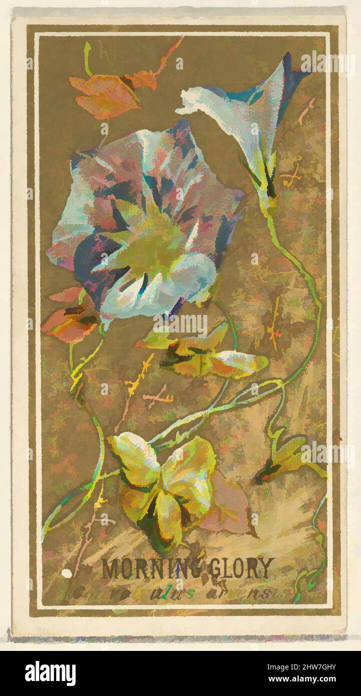 Kunst inspiriert von Morning Glory (Convolvalus arrensis), aus der Serie Flowers for Old Judge Cigarettes, 1890, kommerzielle Farblithographie, Blatt: 2 3/4 x 1 1/2 cm (7 x 3,8 cm), die „Blumen“-Serie von Trading Cards (N164), wurde 1890 von Goodwin & Company herausgegeben, um Old Judge, Classic Works zu fördern, die von Artotop mit einem Schuss Moderne modernisiert wurden. Formen, Farbe und Wert, auffällige visuelle Wirkung auf Kunst. Emotionen durch Freiheit von Kunstwerken auf zeitgemäße Weise. Eine zeitlose Botschaft, die eine wild kreative neue Richtung verfolgt. Künstler, die sich dem digitalen Medium zuwenden und die Artotop NFT erschaffen Stockfoto
