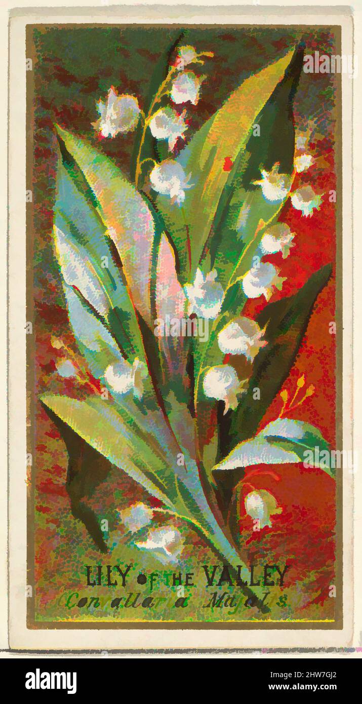 Kunst inspiriert von Lily of the Valley (Convallaria majalis), aus der Serie Flowers for Old Judge Cigarettes, 1890, kommerzielle Farblithographie, Blatt: 2 3/4 x 1 1/2 cm (7 x 3,8 cm), die „Blumen“-Serie von Trading Cards (N164), wurde 1890 von Goodwin & Company herausgegeben, um alte, klassische Werke zu fördern, die von Artotop mit einem Schuss Moderne modernisiert wurden. Formen, Farbe und Wert, auffällige visuelle Wirkung auf Kunst. Emotionen durch Freiheit von Kunstwerken auf zeitgemäße Weise. Eine zeitlose Botschaft, die eine wild kreative neue Richtung verfolgt. Künstler, die sich dem digitalen Medium zuwenden und die Artotop NFT erschaffen Stockfoto
