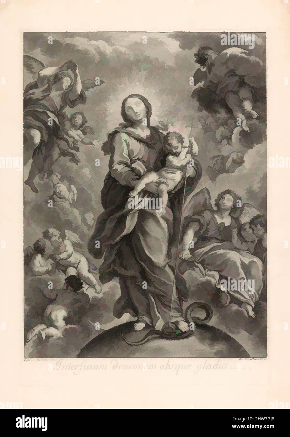 Kunst inspiriert von Zerstöre den Drachen ohne Schwert; (Dan. 14,25); Jungfrau und Kind auf der Hemisphäre, Radierung und Gravur, Platte: 18 11/16 × 13 Zoll (47,5 × 33 cm), Drucke, Johann Jakob Frey der Ältere (Schweizer, aktiv in Rom 1681–1752), nach Carlo Maratti (Italienisch, Camerano 1625–1713 Rom, Klassische Werke, die von Artotop mit einem Schuss Moderne modernisiert wurden. Formen, Farbe und Wert, auffällige visuelle Wirkung auf Kunst. Emotionen durch Freiheit von Kunstwerken auf zeitgemäße Weise. Eine zeitlose Botschaft, die eine wild kreative neue Richtung verfolgt. Künstler, die sich dem digitalen Medium zuwenden und die Artotop NFT erschaffen Stockfoto