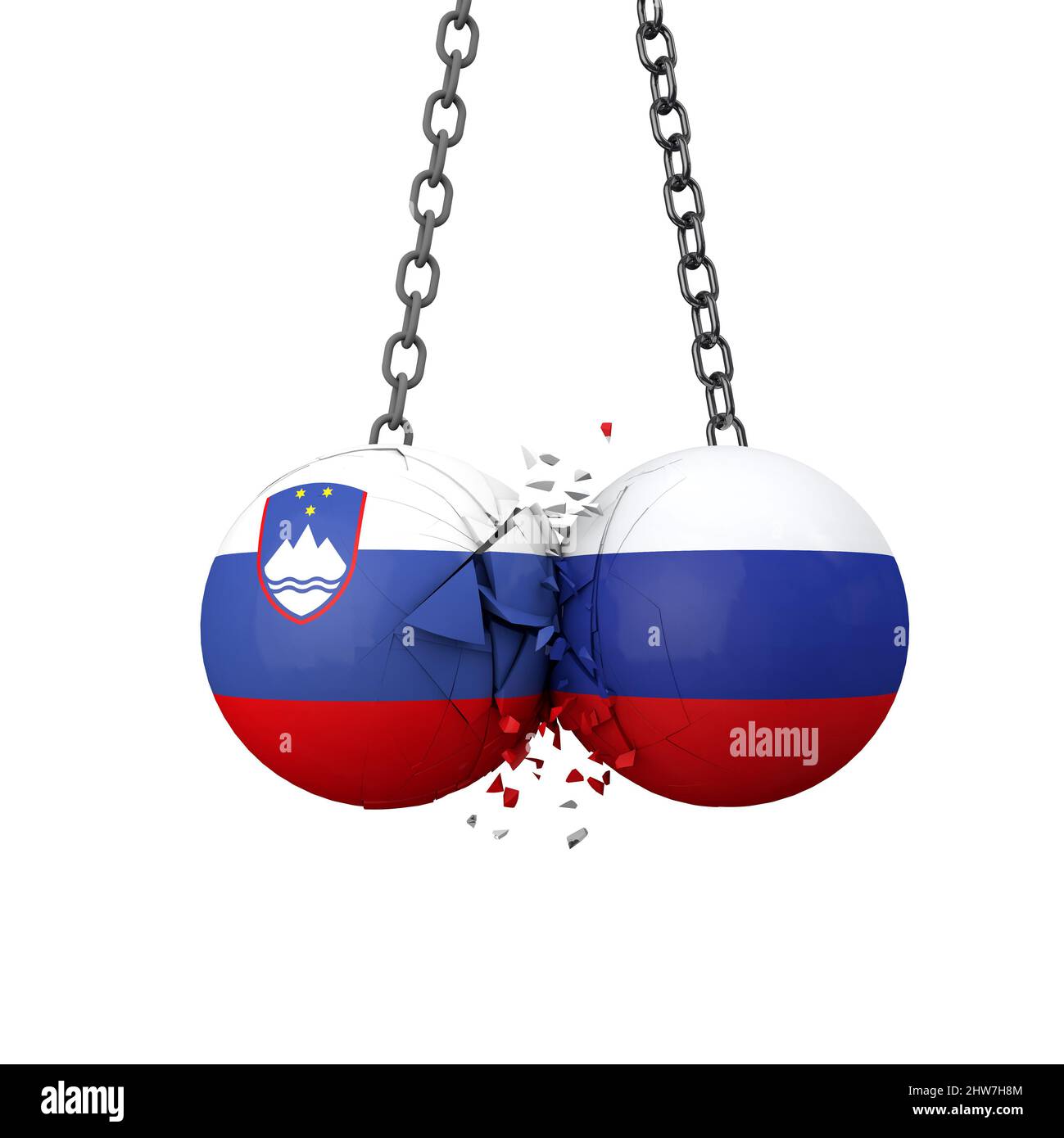 Konzept der politischen Spannungen zwischen Russland und Slowenien. Die Abrissbälle der Nationalflagge zerschlagen zusammen. 3D Rendering Stockfoto