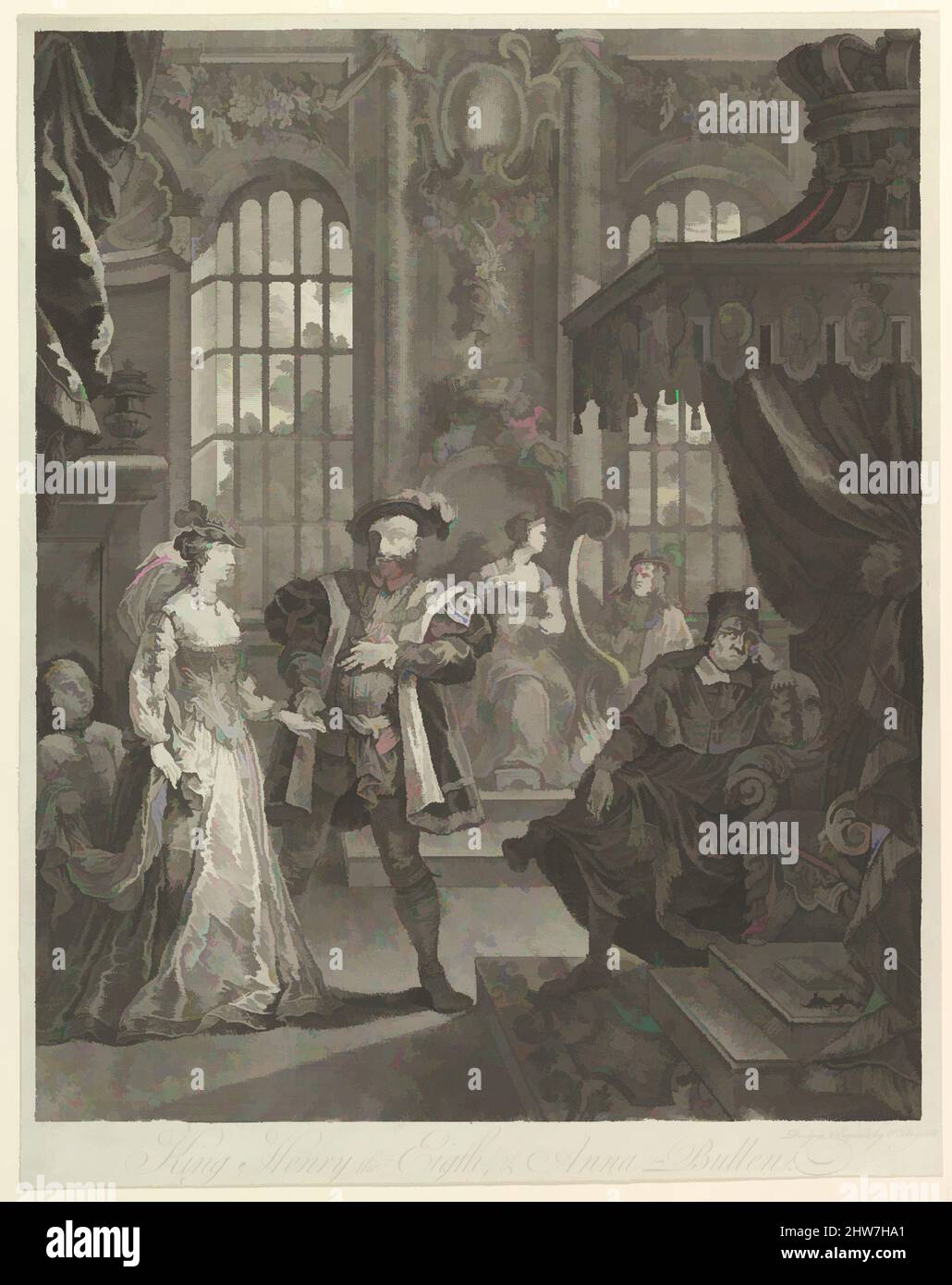 Kunst inspiriert von König Heinrich dem Achten und Anna Bullen, ca. 1728, Radieren und Gravieren, Blatt: 18 9/16 x 14 11/16 Zoll (47,1 x 37,3 cm), Drucke, William Hogarth (British, London 1697–1764 London, Klassische Werke, die von Artotop mit einem Schuss Moderne modernisiert wurden. Formen, Farbe und Wert, auffällige visuelle Wirkung auf Kunst. Emotionen durch Freiheit von Kunstwerken auf zeitgemäße Weise. Eine zeitlose Botschaft, die eine wild kreative neue Richtung verfolgt. Künstler, die sich dem digitalen Medium zuwenden und die Artotop NFT erschaffen Stockfoto