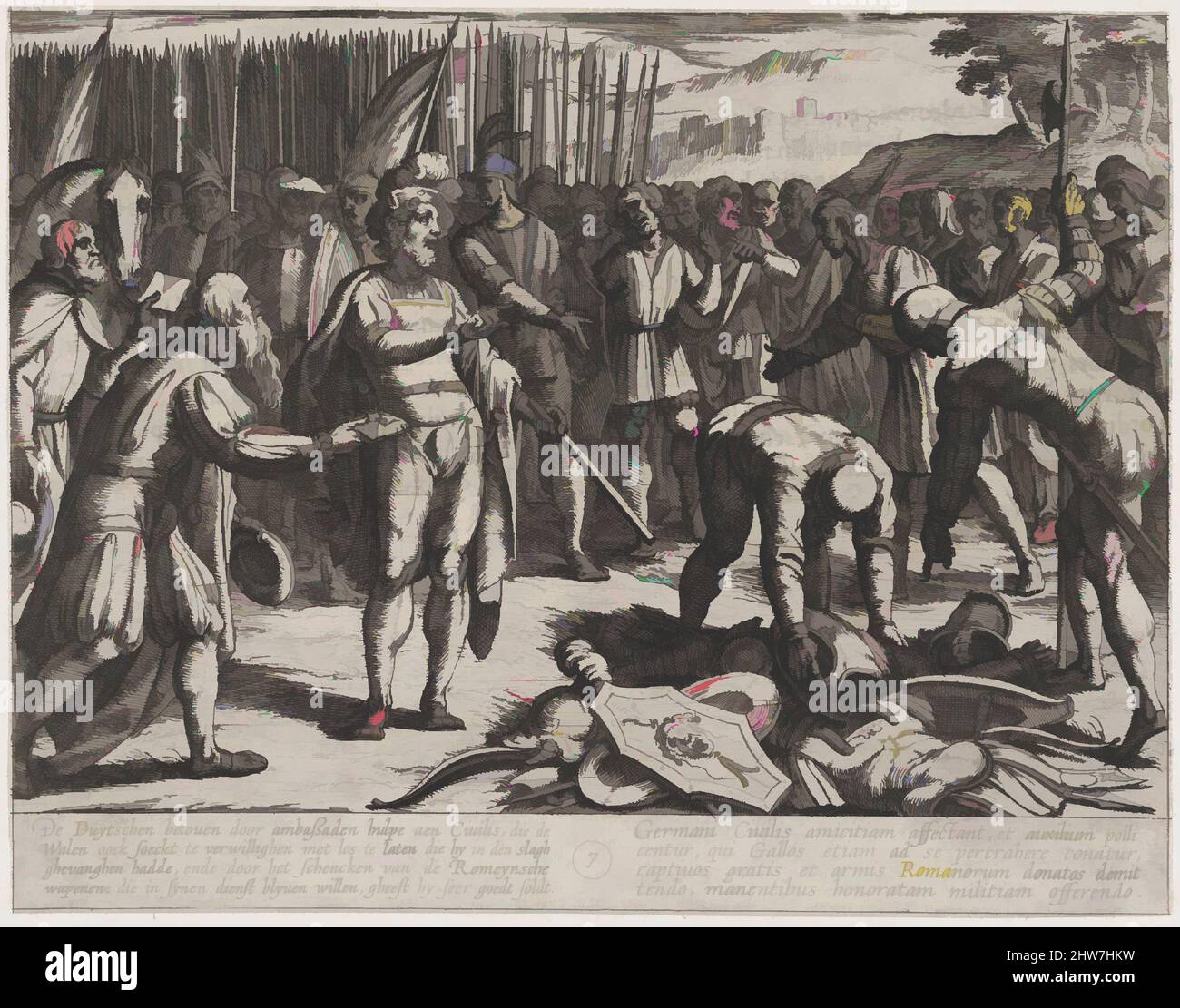 Kunst inspiriert von Tafel 7: Deutsche Gesandte besuchen Civilis, aus dem Römerkrieg gegen die Batavier (Romanorvm et Batavorvm societas), 1611, Radierung, erster Zustand von zwei, Ausgabe 1 (Bartsch), Blatt: 6 5/16 × 8 1/8 in. (16,1 × 20,7 cm), Drucke, Antonio Tempesta (Italienisch, Florenz 1555–, Klassische Werke, die von Artotop mit einem Schuss Moderne modernisiert wurden. Formen, Farbe und Wert, auffällige visuelle Wirkung auf Kunst. Emotionen durch Freiheit von Kunstwerken auf zeitgemäße Weise. Eine zeitlose Botschaft, die eine wild kreative neue Richtung verfolgt. Künstler, die sich dem digitalen Medium zuwenden und die Artotop NFT erschaffen Stockfoto