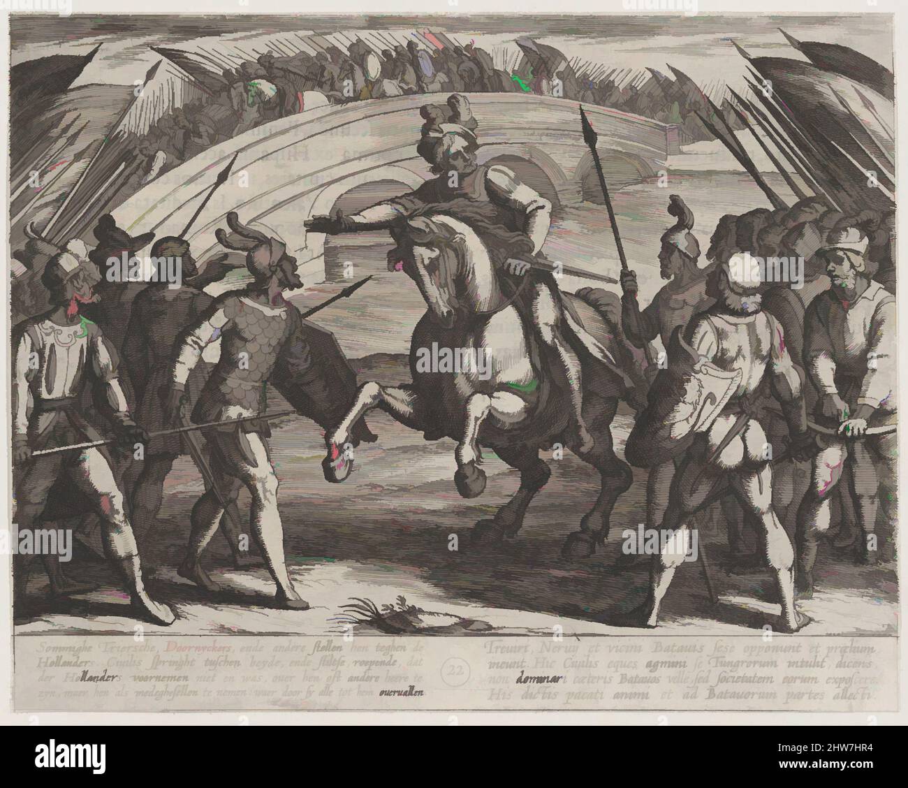 Kunst inspiriert von Tafel 22: Civilis trennt deutsche und niederländische Truppen, aus dem Römerkrieg gegen die Batavier (Romanorvm et Batavorvm societas), 1611, Radierung, erster Zustand von zwei, Ausgabe 1 (Bartsch), Blatt: 6 7/16 × 8 1/8 in. (16,4 × 20,7 cm), Drucke, Antonio Tempesta (Italienisch, Klassische Werke, die von Artotop mit einem Schuss Modernität modernisiert wurden. Formen, Farbe und Wert, auffällige visuelle Wirkung auf Kunst. Emotionen durch Freiheit von Kunstwerken auf zeitgemäße Weise. Eine zeitlose Botschaft, die eine wild kreative neue Richtung verfolgt. Künstler, die sich dem digitalen Medium zuwenden und die Artotop NFT erschaffen Stockfoto