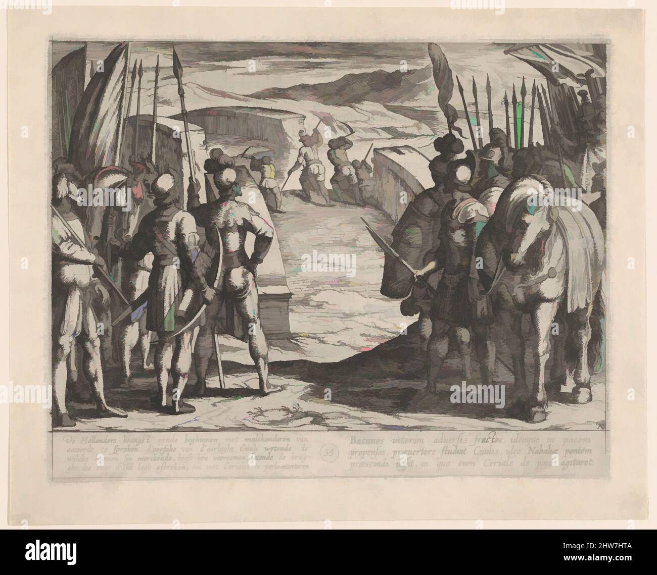 Kunst inspiriert von Tafel 35: Die Batavier fürchten sich und beginnen Friedensgespräche, aus dem Römerkrieg gegen die Batavier, 1611, Rading, erster Zustand von zwei, Ausgabe 1 (Bartsch), Blatt: 7 11/16 x 9 7/16 Zoll (19,5 x 24 cm), Drucke, Antonio Tempesta (Italienisch, Florenz 1555–1630 Rom, Klassische Werke, die von Artotop mit einem Schuss Moderne modernisiert wurden. Formen, Farbe und Wert, auffällige visuelle Wirkung auf Kunst. Emotionen durch Freiheit von Kunstwerken auf zeitgemäße Weise. Eine zeitlose Botschaft, die eine wild kreative neue Richtung verfolgt. Künstler, die sich dem digitalen Medium zuwenden und die Artotop NFT erschaffen Stockfoto
