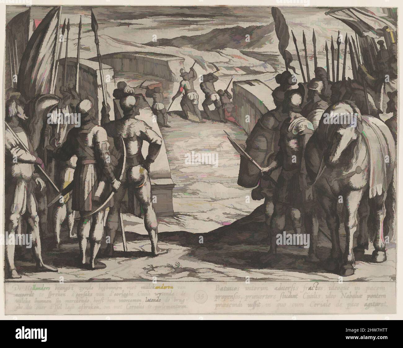 Kunst inspiriert von Tafel 35: Die Batavier fürchten sich und beginnen Friedensgespräche, aus dem Römerkrieg gegen die Batavier (Romanorvm et Batavorvm Societas), 1611, Rading, erster Zustand von zwei, Ausgabe 1 (Bartsch), Blatt: 6 3/8 × 8 1/8 in. (16,2 × 20,6 cm), Drucke, Antonio Tempesta (, Klassische Werke, die von Artotop mit einem Schuss Moderne modernisiert wurden. Formen, Farbe und Wert, auffällige visuelle Wirkung auf Kunst. Emotionen durch Freiheit von Kunstwerken auf zeitgemäße Weise. Eine zeitlose Botschaft, die eine wild kreative neue Richtung verfolgt. Künstler, die sich dem digitalen Medium zuwenden und die Artotop NFT erschaffen Stockfoto