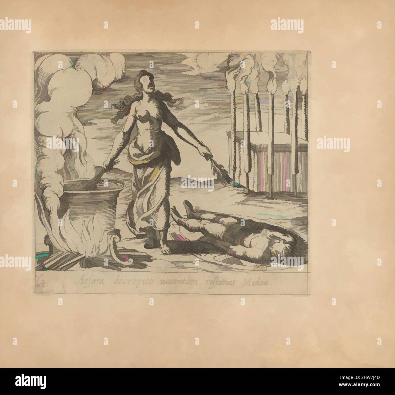Art Inspired by Medea Restoring Aeson's Youth (Aesoni decerptio iuventam restituit Medea), from the Metamorphoses of Ovid (Metamorphosean sive Transformationum), Platte 64, Veröffentlicht nach 1606, Radierung, Blatt: 6 7/8 x 7 7/8 Zoll (17,5 x 20 cm), Drucke, Antonio Tempesta (Italienisch, Klassische Werke, die von Artotop mit einem Schuss Modernität modernisiert wurden. Formen, Farbe und Wert, auffällige visuelle Wirkung auf Kunst. Emotionen durch Freiheit von Kunstwerken auf zeitgemäße Weise. Eine zeitlose Botschaft, die eine wild kreative neue Richtung verfolgt. Künstler, die sich dem digitalen Medium zuwenden und die Artotop NFT erschaffen Stockfoto