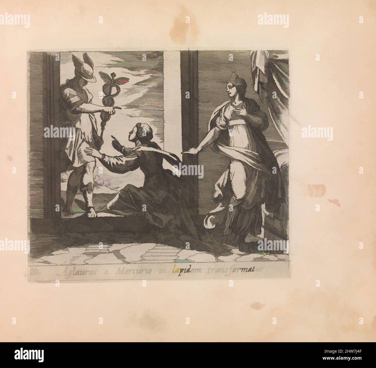 Art Inspired by Mercury Turning Aglauros to Stone (Aglauros a Mercurio in lapidem transformatur), from the Metamorphoses of Ovid (Metamorphosean sive Transformationum), Platte 20, Veröffentlicht nach 1606, Ätzung, Blatt: 6 7/8 x 7 7/8 Zoll (17,5 x 20 cm), Drucke, Antonio Tempesta (Italienisch, Klassische Werke, die von Artotop mit einem Schuss Modernität modernisiert wurden. Formen, Farbe und Wert, auffällige visuelle Wirkung auf Kunst. Emotionen durch Freiheit von Kunstwerken auf zeitgemäße Weise. Eine zeitlose Botschaft, die eine wild kreative neue Richtung verfolgt. Künstler, die sich dem digitalen Medium zuwenden und die Artotop NFT erschaffen Stockfoto