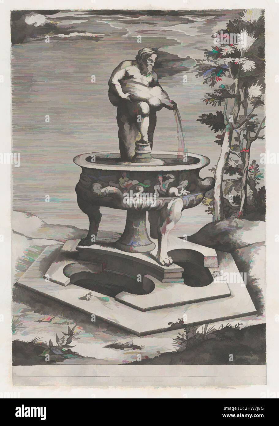 Kunst inspiriert von Speculum Romanae Magnificentiae: A Fountain and Basin, 1581, Gravieren und Radieren, Blatt: 17 1/2 x 13 Zoll (44,5 x 33 cm), Drucke, Pieter Perret (Niederlandisch, 1555–1639, Klassische Werke, die von Artotop mit einem Schuss Moderne modernisiert wurden. Formen, Farbe und Wert, auffällige visuelle Wirkung auf Kunst. Emotionen durch Freiheit von Kunstwerken auf zeitgemäße Weise. Eine zeitlose Botschaft, die eine wild kreative neue Richtung verfolgt. Künstler, die sich dem digitalen Medium zuwenden und die Artotop NFT erschaffen Stockfoto