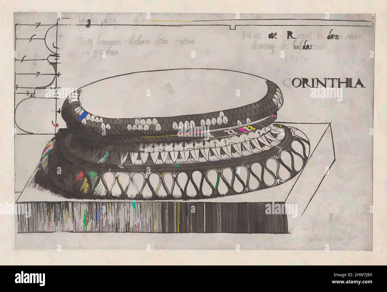 Kunst inspiriert von Speculum Romanae Magnificentiae: Korinthische Basis, 1537, Gravur, Blatt: 4 3/16 x 6 5/16 Zoll (10,6 x 16 cm), Drucke, Master PS (italienisch oder französisch, aktiv 1530s, Klassische Werke, die von Artotop mit einem Schuss Moderne modernisiert wurden. Formen, Farbe und Wert, auffällige visuelle Wirkung auf Kunst. Emotionen durch Freiheit von Kunstwerken auf zeitgemäße Weise. Eine zeitlose Botschaft, die eine wild kreative neue Richtung verfolgt. Künstler, die sich dem digitalen Medium zuwenden und die Artotop NFT erschaffen Stockfoto