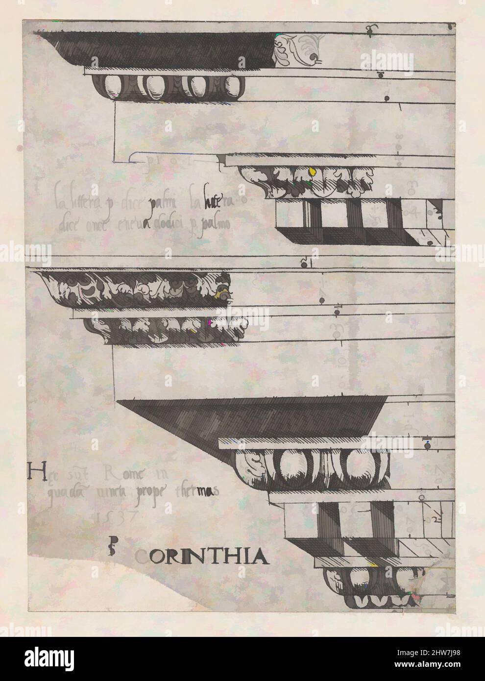 Kunst inspiriert von Speculum Romanae Magnificentiae: Korinthische Entablatur, 1537, Gravur, Blatt: 6 5/16 x 4 3/16 Zoll (16 x 10,6 cm), Drucke, Master PS (italienisch oder französisch, aktiv 1530s, Klassische Werke, die von Artotop mit einem Schuss Moderne modernisiert wurden. Formen, Farbe und Wert, auffällige visuelle Wirkung auf Kunst. Emotionen durch Freiheit von Kunstwerken auf zeitgemäße Weise. Eine zeitlose Botschaft, die eine wild kreative neue Richtung verfolgt. Künstler, die sich dem digitalen Medium zuwenden und die Artotop NFT erschaffen Stockfoto
