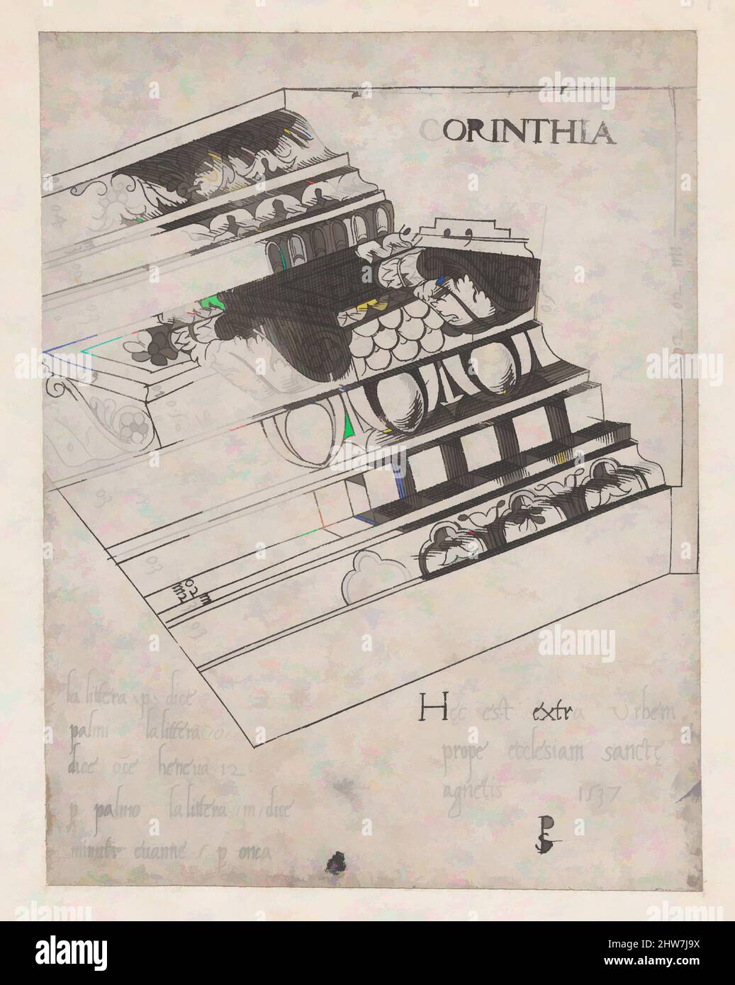 Kunst inspiriert von Speculum Romanae Magnificentiae: Korinthische Entablatur, 1537, Gravur, Blatt: 6 5/16 x 4 3/4 Zoll (16 x 12 cm), Drucke, Master PS (italienisch oder französisch, aktiv 1530s, Klassische Werke, die von Artotop mit einem Schuss Moderne modernisiert wurden. Formen, Farbe und Wert, auffällige visuelle Wirkung auf Kunst. Emotionen durch Freiheit von Kunstwerken auf zeitgemäße Weise. Eine zeitlose Botschaft, die eine wild kreative neue Richtung verfolgt. Künstler, die sich dem digitalen Medium zuwenden und die Artotop NFT erschaffen Stockfoto