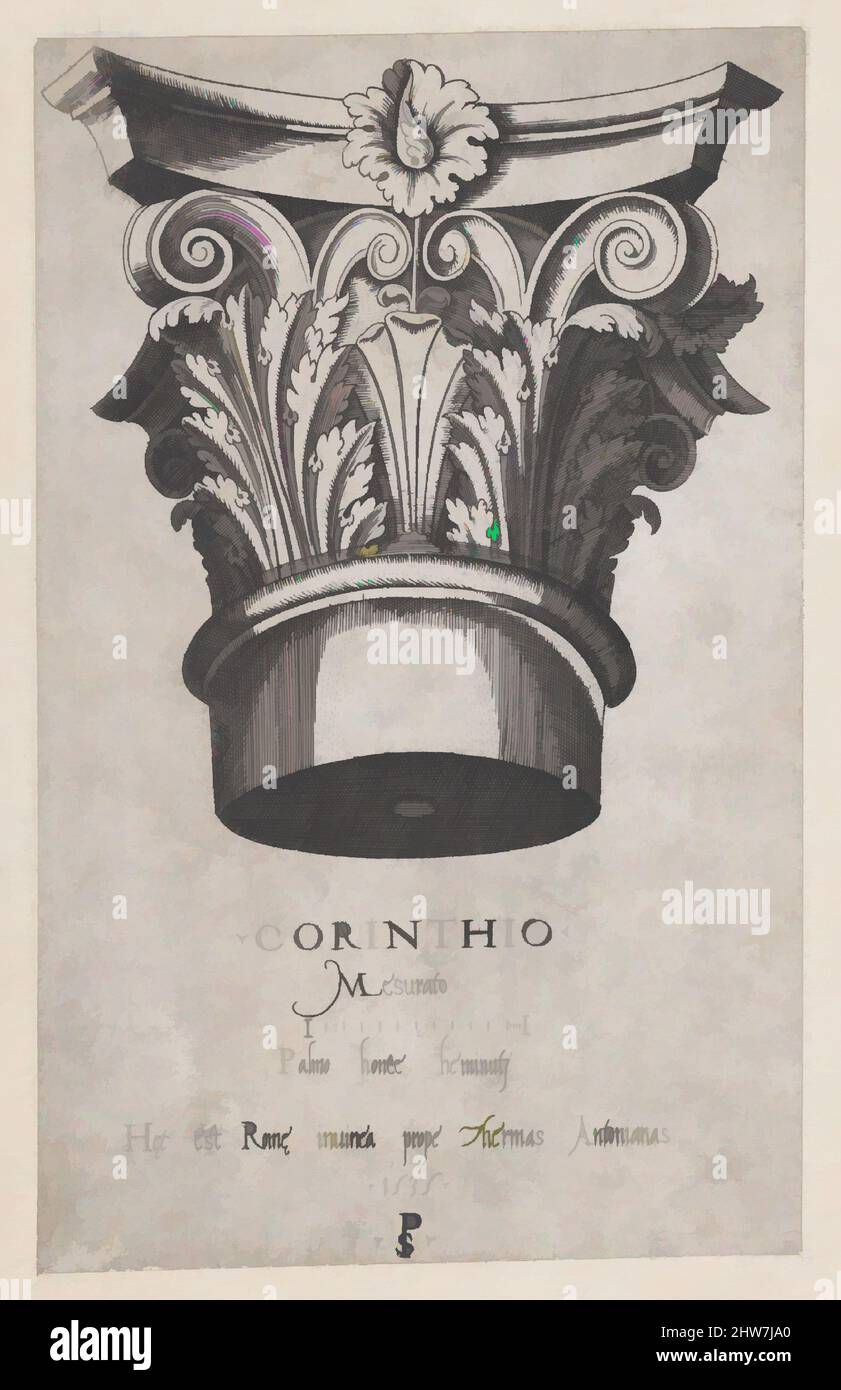 Kunst inspiriert von Speculum Romanae Magnificentiae: Korinthisches Kapital, 1535, Gravur, Blatt: 7 7/8 x 4 15/16 Zoll (20 x 12,5 cm), Drucke, Master PS (italienisch oder französisch, aktiv 1530s, Klassische Werke, die von Artotop mit einem Schuss Moderne modernisiert wurden. Formen, Farbe und Wert, auffällige visuelle Wirkung auf Kunst. Emotionen durch Freiheit von Kunstwerken auf zeitgemäße Weise. Eine zeitlose Botschaft, die eine wild kreative neue Richtung verfolgt. Künstler, die sich dem digitalen Medium zuwenden und die Artotop NFT erschaffen Stockfoto