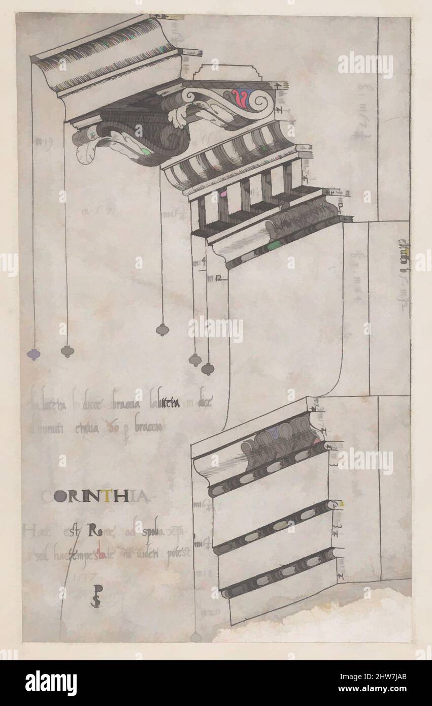 Kunst inspiriert von Speculum Romanae Magnificentiae: Entablatur aus dem Forum von Trajan, Rom, 1537, Gravur, Blatt: 8 1/16 x 5 Zoll (20,4 x 12,7 cm), Drucke, Master PS (italienisch oder französisch, aktiv 1530s, Klassische Werke, die von Artotop mit einem Schuss Moderne modernisiert wurden. Formen, Farbe und Wert, auffällige visuelle Wirkung auf Kunst. Emotionen durch Freiheit von Kunstwerken auf zeitgemäße Weise. Eine zeitlose Botschaft, die eine wild kreative neue Richtung verfolgt. Künstler, die sich dem digitalen Medium zuwenden und die Artotop NFT erschaffen Stockfoto