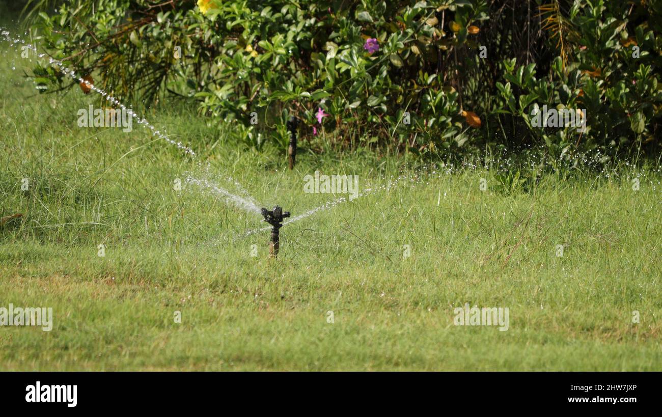 Wassersprühgerät Wasser wird gesprüht. Auf unscharfen Hintergründen Stockfoto