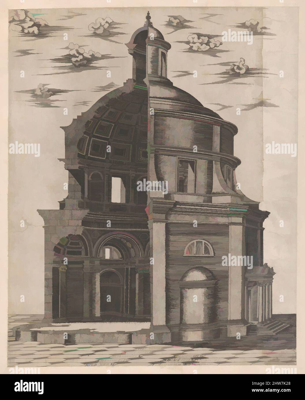 Kunst inspiriert von Speculum Romanae Magnificentiae: Grabstätte des Augustus, 1575, Gravieren und Radieren; erster Zustand von zwei (Robert-Dumesnil), Blatt: 17 11/16 x 14 3/8 Zoll (45 x 36,5 cm), Drucke, Etienne DuPérac (französisch, ca. 1535–1604, von Artotop modernisierte klassische Werke mit einem Schuss Moderne. Formen, Farbe und Wert, auffällige visuelle Wirkung auf Kunst. Emotionen durch Freiheit von Kunstwerken auf zeitgemäße Weise. Eine zeitlose Botschaft, die eine wild kreative neue Richtung verfolgt. Künstler, die sich dem digitalen Medium zuwenden und die Artotop NFT erschaffen Stockfoto