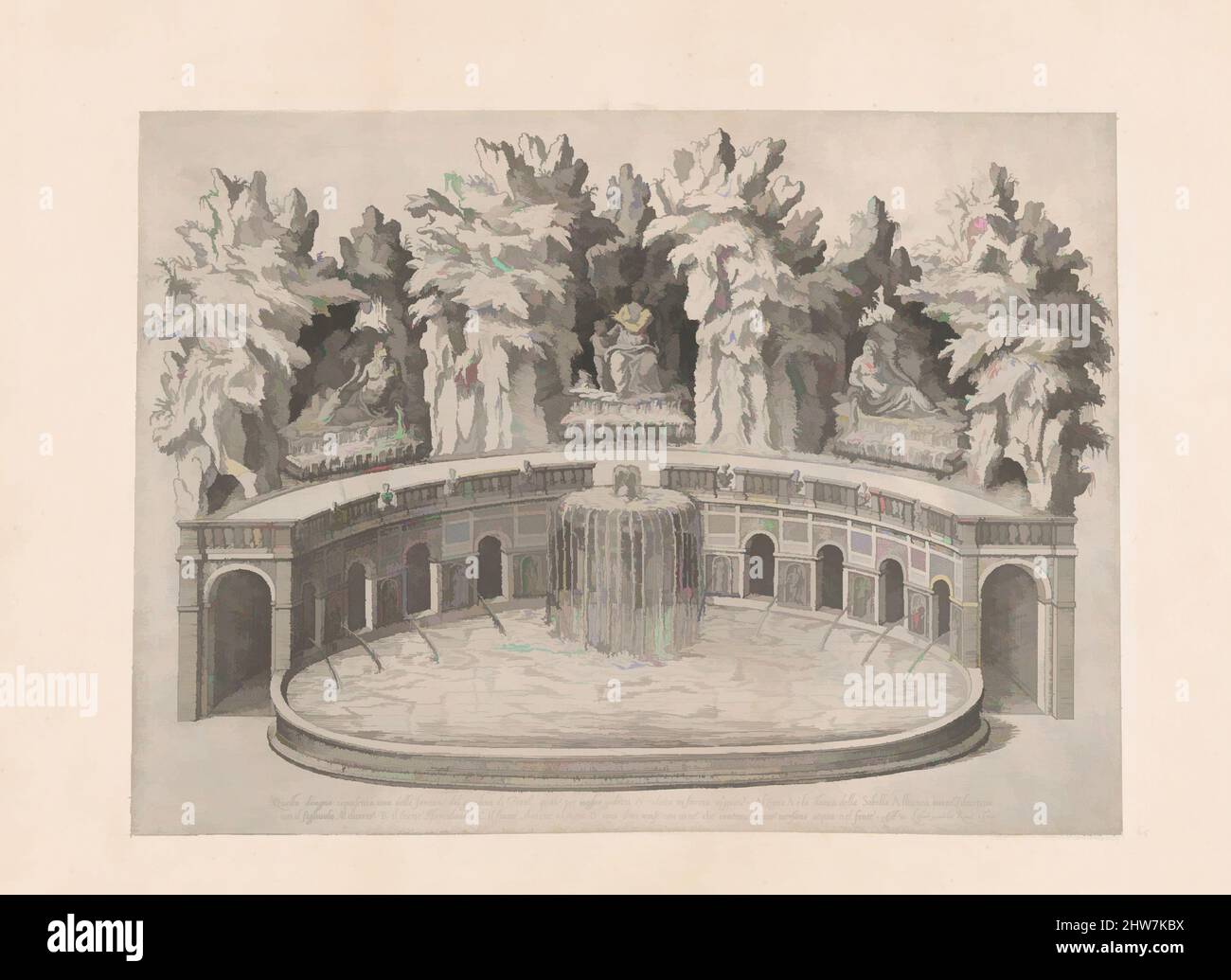 Kunst inspiriert von Speculum Romanae Magnificentiae: Brunnen und Gärten der Villa d'Este in Tivoli, 1575, Radierung; erster Zustand von zwei (Robert-Dumesnil), Blatt: 12 3/16 x 16 3/4 Zoll (31 x 42,5 cm), Drucke, Etienne DuPérac (französisch, ca. 1535–1604, von Artotop modernisierte klassische Werke mit einem Schuss Moderne. Formen, Farbe und Wert, auffällige visuelle Wirkung auf Kunst. Emotionen durch Freiheit von Kunstwerken auf zeitgemäße Weise. Eine zeitlose Botschaft, die eine wild kreative neue Richtung verfolgt. Künstler, die sich dem digitalen Medium zuwenden und die Artotop NFT erschaffen Stockfoto