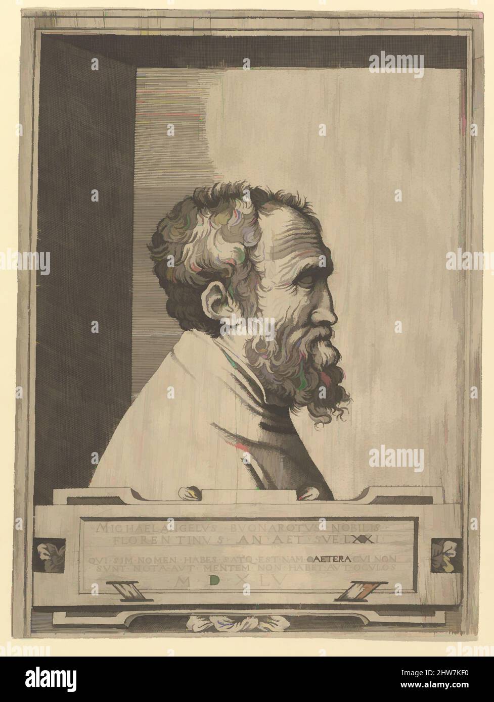 Art Inspired by Portrait of Michelangelo in profile facing right set within a Recess, 1545, Gravieren, Blatt: 9 7/16 × 6 15/16 in. (24 × 17,7 cm), Drucke, zugeschrieben Enea Vico (Italienisch, Parma 1523–1567 Ferrara, Klassische Werke, die von Artotop mit einem Schuss Moderne modernisiert wurden. Formen, Farbe und Wert, auffällige visuelle Wirkung auf Kunst. Emotionen durch Freiheit von Kunstwerken auf zeitgemäße Weise. Eine zeitlose Botschaft, die eine wild kreative neue Richtung verfolgt. Künstler, die sich dem digitalen Medium zuwenden und die Artotop NFT erschaffen Stockfoto