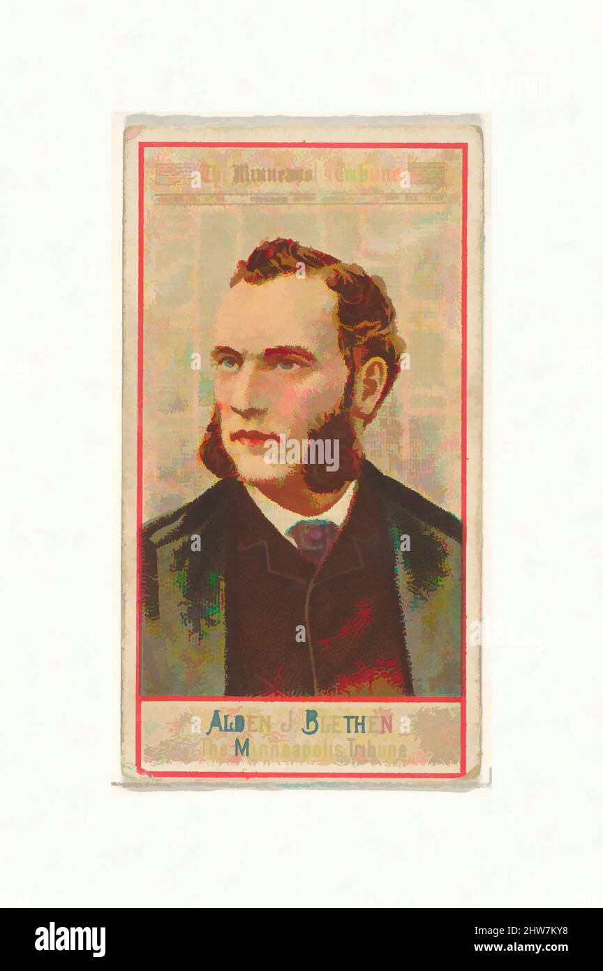 Kunst inspiriert von Alden J. Blethen, The Minneapolis Tribune, aus der American Editors Series (N1) for Allen & Ginter Cigarettes Brands, 1887, kommerzielle Farblithographie, Blatt: 2 3/4 x 1 1/2 Zoll (7 x 3,8 cm), Handelskarten aus der Serie 'American Editors' (N1), die 1887 in einem von Artotop modernisierten, klassischen Werk mit einem Schuss Modernität herausgegeben wurde. Formen, Farbe und Wert, auffällige visuelle Wirkung auf Kunst. Emotionen durch Freiheit von Kunstwerken auf zeitgemäße Weise. Eine zeitlose Botschaft, die eine wild kreative neue Richtung verfolgt. Künstler, die sich dem digitalen Medium zuwenden und die Artotop NFT erschaffen Stockfoto