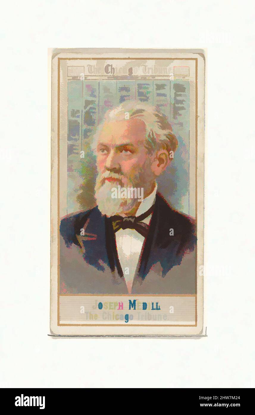 Kunst inspiriert von Joseph Medill, The Chicago Tribune, aus der American Editors Series (N1) for Allen & Ginter Cigarettes Brands, 1887, kommerzielle Farblithographie, Blatt: 2 3/4 x 1 1/2 Zoll (7 x 3,8 cm), Visitenkarten aus der Serie 'American Editors' (N1), die 1887 in einer Reihe von klassischen Werken herausgegeben wurde, die von Artotop mit einem Schuss Moderne modernisiert wurden. Formen, Farbe und Wert, auffällige visuelle Wirkung auf Kunst. Emotionen durch Freiheit von Kunstwerken auf zeitgemäße Weise. Eine zeitlose Botschaft, die eine wild kreative neue Richtung verfolgt. Künstler, die sich dem digitalen Medium zuwenden und die Artotop NFT erschaffen Stockfoto