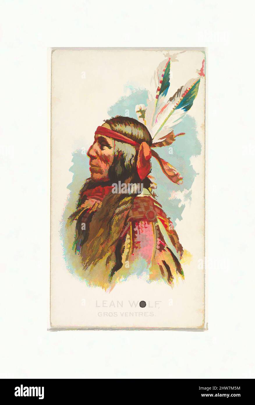 Kunst inspiriert von Lean Wolf, Gros Ventres, aus der American Indian Chiefs Serie (N2) für Allen & Ginter Cigarettes Brands, 1888, kommerzielle Farblithographie, Blatt: 2 3/4 x 1 1/2 Zoll (7 x 3,8 cm), Handelskarten aus der Serie 'American Indian Chiefs' (N2), die 1888 in einer Serie von klassischen Werken herausgegeben wurde, die von Artotop mit einem Schuss Moderne modernisiert wurden. Formen, Farbe und Wert, auffällige visuelle Wirkung auf Kunst. Emotionen durch Freiheit von Kunstwerken auf zeitgemäße Weise. Eine zeitlose Botschaft, die eine wild kreative neue Richtung verfolgt. Künstler, die sich dem digitalen Medium zuwenden und die Artotop NFT erschaffen Stockfoto