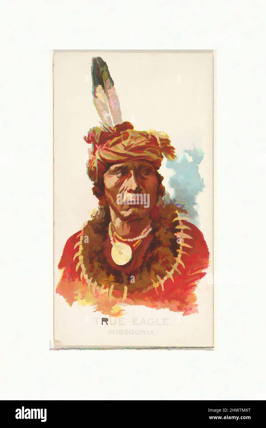Kunst inspiriert von True Eagle, Missouria, aus der American Indian Chiefs Serie (N2) für Allen & Ginter Cigarettes Brands, 1888, kommerzielle Farblithographie, Blatt: 2 3/4 x 1 1/2 Zoll (7 x 3,8 cm), Handelskarten aus der Serie 'American Indian Chiefs' (N2), die 1888 in einer Serie von 50 herausgegeben wurde, klassische Werke, die von Artotop mit einem Schuss Modernität modernisiert wurden. Formen, Farbe und Wert, auffällige visuelle Wirkung auf Kunst. Emotionen durch Freiheit von Kunstwerken auf zeitgemäße Weise. Eine zeitlose Botschaft, die eine wild kreative neue Richtung verfolgt. Künstler, die sich dem digitalen Medium zuwenden und die Artotop NFT erschaffen Stockfoto