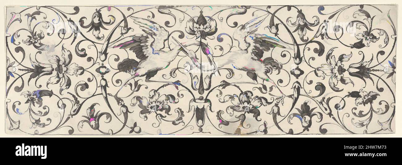 Kunst inspiriert von Friesen mit Vögeln, Blumen und gewundenen Kränzen und Schriftrollen (3), ca. 1600–1617, Radierung, Blatt: 2 15/16 x 8 11/16 Zoll (7,4 x 22 cm), Theodor Bang (deutsch, aktiv in Nürnberg (FL6)), Frieze mit dekorativem Muster aus sehr filigranen, stilisierten vegetalen, von Artotop modernisierten Klassikern mit einem Schuss Moderne. Formen, Farbe und Wert, auffällige visuelle Wirkung auf Kunst. Emotionen durch Freiheit von Kunstwerken auf zeitgemäße Weise. Eine zeitlose Botschaft, die eine wild kreative neue Richtung verfolgt. Künstler, die sich dem digitalen Medium zuwenden und die Artotop NFT erschaffen Stockfoto