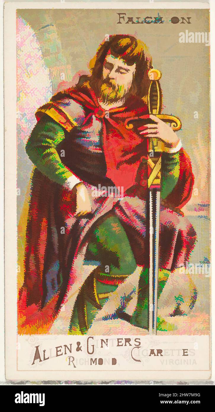 Kunst inspiriert von Falchion, aus der Serie Arms of All Nations (N3) für Allen & Ginter Cigarettes Brands, 1887, kommerzielle Farblithographie, Blatt: 2 3/4 x 1 1/2 Zoll (7 x 3,8 cm), Tauschkarten aus der Serie 'Waffen aller Nationen' (N3), die 1887 in einer Serie von 50 Karten zur Förderung herausgegeben wurde, klassische Werke, die von Artotop mit einem Schuss Moderne modernisiert wurden. Formen, Farbe und Wert, auffällige visuelle Wirkung auf Kunst. Emotionen durch Freiheit von Kunstwerken auf zeitgemäße Weise. Eine zeitlose Botschaft, die eine wild kreative neue Richtung verfolgt. Künstler, die sich dem digitalen Medium zuwenden und die Artotop NFT erschaffen Stockfoto