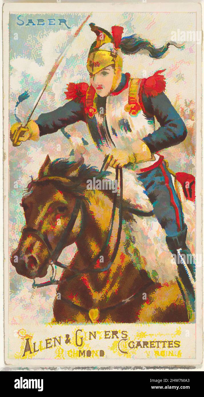 Art Inspired by Sabre, from the Arms of All Nations Series (N3) for Allen & Ginter Cigarettes Brands, 1887, kommerzielle Farblithographie, Blatt: 2 3/4 x 1 1/2 Zoll (7 x 3,8 cm), Tauschkarten aus der Serie 'Waffen aller Nationen' (N3), die 1887 in einer Serie von 50 Karten zur Förderung herausgegeben wurde, klassische Werke, die von Artotop mit einem Schuss Moderne modernisiert wurden. Formen, Farbe und Wert, auffällige visuelle Wirkung auf Kunst. Emotionen durch Freiheit von Kunstwerken auf zeitgemäße Weise. Eine zeitlose Botschaft, die eine wild kreative neue Richtung verfolgt. Künstler, die sich dem digitalen Medium zuwenden und die Artotop NFT erschaffen Stockfoto