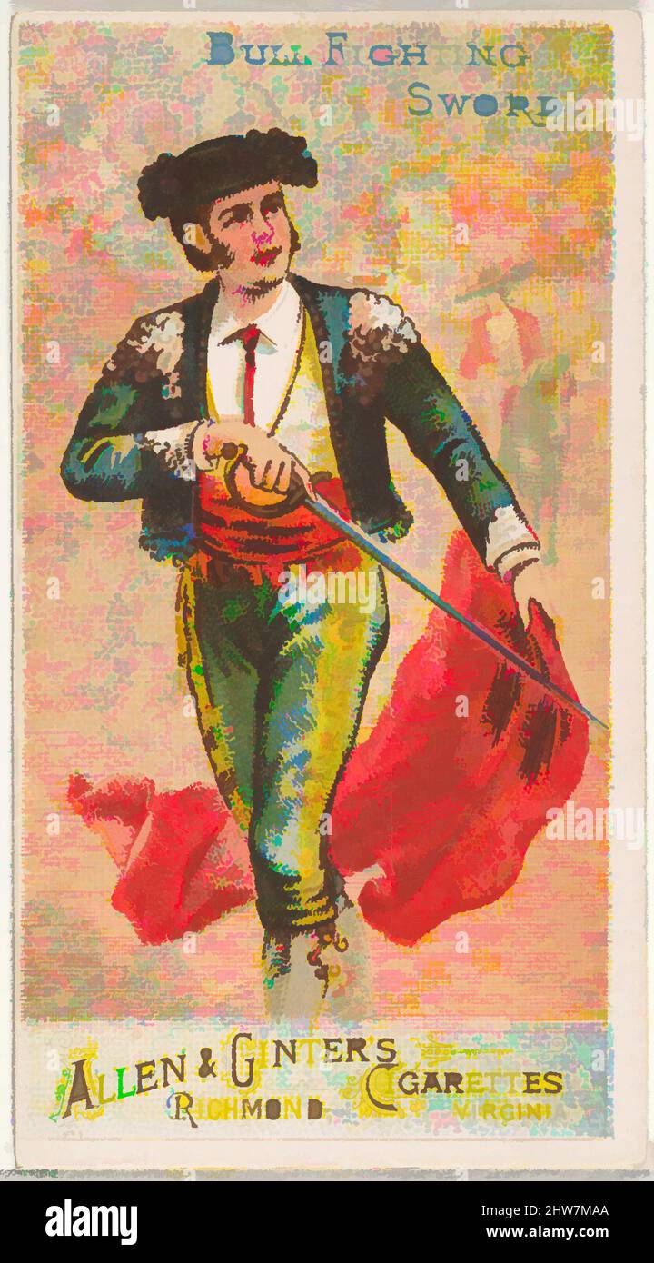 Art Inspired by Bull Fighting Sword, from the Arms of All Nations Series (N3) for Allen & Ginter Cigarettes Brands, 1887, kommerzielle Farblithographie, Blatt: 2 3/4 x 1 1/2 Zoll (7 x 3,8 cm), Trade Cards aus der Serie 'Arms of All Nations' (N3), die 1887 in einer Serie von 50 Karten herausgegeben wurde, Classic Works, modernisiert von Artotop mit einem Schuss Moderne. Formen, Farbe und Wert, auffällige visuelle Wirkung auf Kunst. Emotionen durch Freiheit von Kunstwerken auf zeitgemäße Weise. Eine zeitlose Botschaft, die eine wild kreative neue Richtung verfolgt. Künstler, die sich dem digitalen Medium zuwenden und die Artotop NFT erschaffen Stockfoto