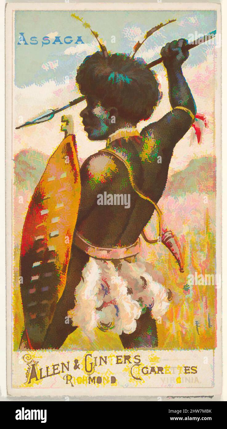 Kunst inspiriert von Assagai, aus der Serie Arms of All Nations (N3) für Allen & Ginter Cigarettes Brands, 1887, kommerzielle Farblithographie, Blatt: 2 3/4 x 1 1/2 Zoll (7 x 3,8 cm), Tauschkarten aus der Serie 'Waffen aller Nationen' (N3), die 1887 in einer Serie von 50 Karten zur Förderung herausgegeben wurde, klassische Werke, die von Artotop mit einem Schuss Moderne modernisiert wurden. Formen, Farbe und Wert, auffällige visuelle Wirkung auf Kunst. Emotionen durch Freiheit von Kunstwerken auf zeitgemäße Weise. Eine zeitlose Botschaft, die eine wild kreative neue Richtung verfolgt. Künstler, die sich dem digitalen Medium zuwenden und die Artotop NFT erschaffen Stockfoto