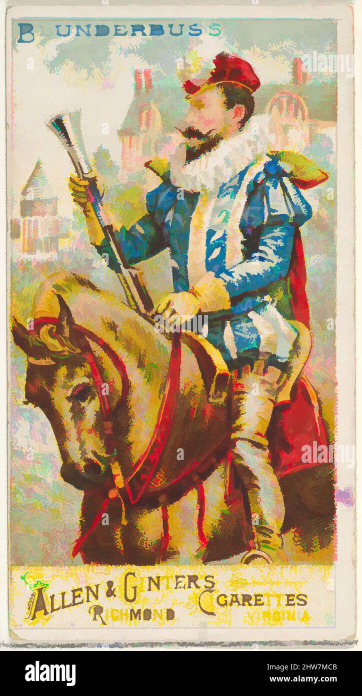Kunst inspiriert von Blunderbuss, aus der Serie Arms of All Nations (N3) für Allen & Ginter Cigarettes Brands, 1887, kommerzielle Farblithographie, Blatt: 2 3/4 x 1 1/2 Zoll (7 x 3,8 cm), Tauschkarten aus der Serie 'Arms of All Nations' (N3), die 1887 in einer Serie von 50 Karten an Classic Works herausgegeben wurde, die von Artotop mit einem Schuss Modernität modernisiert wurden. Formen, Farbe und Wert, auffällige visuelle Wirkung auf Kunst. Emotionen durch Freiheit von Kunstwerken auf zeitgemäße Weise. Eine zeitlose Botschaft, die eine wild kreative neue Richtung verfolgt. Künstler, die sich dem digitalen Medium zuwenden und die Artotop NFT erschaffen Stockfoto