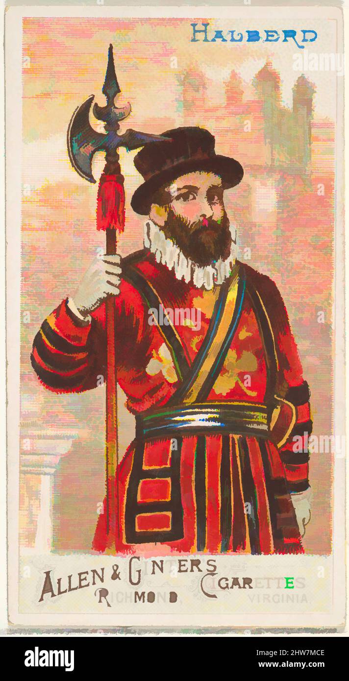 Von Hellebard inspirierte Kunst, aus der Serie Arms of All Nations (N3) für Allen & Ginter Cigarettes Brands, 1887, kommerzielle Farblithographie, Blatt: 2 3/4 x 1 1/2 Zoll (7 x 3,8 cm), Tauschkarten aus der Serie 'Waffen aller Nationen' (N3), die 1887 in einer Serie von 50 Karten zur Förderung herausgegeben wurde, klassische Werke, die von Artotop mit einem Schuss Moderne modernisiert wurden. Formen, Farbe und Wert, auffällige visuelle Wirkung auf Kunst. Emotionen durch Freiheit von Kunstwerken auf zeitgemäße Weise. Eine zeitlose Botschaft, die eine wild kreative neue Richtung verfolgt. Künstler, die sich dem digitalen Medium zuwenden und die Artotop NFT erschaffen Stockfoto