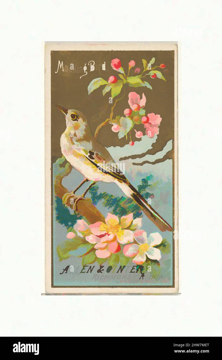 Art Inspired by Mockingbird, from the Birds of America series (N4) for Allen & Ginter Cigarettes Brands, 1888, kommerzielle Farblithographie, Blatt: 2 3/4 x 1 1/2 Zoll (7 x 3,8 cm), Trade Cards aus der Serie „Birds of America“ (N4), die 1888 in einer Serie von 50 Karten zur Werbung herausgegeben wurde, Classic Works, die von Artotop mit einem Schuss Moderne modernisiert wurden. Formen, Farbe und Wert, auffällige visuelle Wirkung auf Kunst. Emotionen durch Freiheit von Kunstwerken auf zeitgemäße Weise. Eine zeitlose Botschaft, die eine wild kreative neue Richtung verfolgt. Künstler, die sich dem digitalen Medium zuwenden und die Artotop NFT erschaffen Stockfoto
