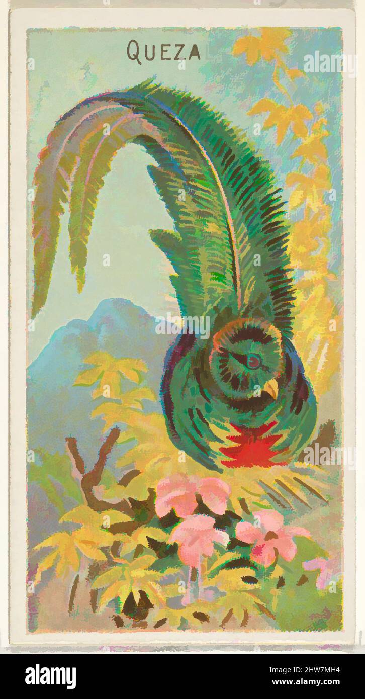Kunst inspiriert von Quetzal, aus der Serie Birds of the Tropics (N5) für Allen & Ginter Cigarettes Brands, 1889, kommerzielle Farblithographie, Blatt: 2 3/4 x 1 1/2 Zoll (7 x 3,8 cm), Handelskarten aus der Serie 'Vögel der Tropen' (N5), die 1889 in einer Serie von 50 Karten zur Werbung herausgegeben wurde, klassische Werke, die von Artotop mit einem Schuss Moderne modernisiert wurden. Formen, Farbe und Wert, auffällige visuelle Wirkung auf Kunst. Emotionen durch Freiheit von Kunstwerken auf zeitgemäße Weise. Eine zeitlose Botschaft, die eine wild kreative neue Richtung verfolgt. Künstler, die sich dem digitalen Medium zuwenden und die Artotop NFT erschaffen Stockfoto