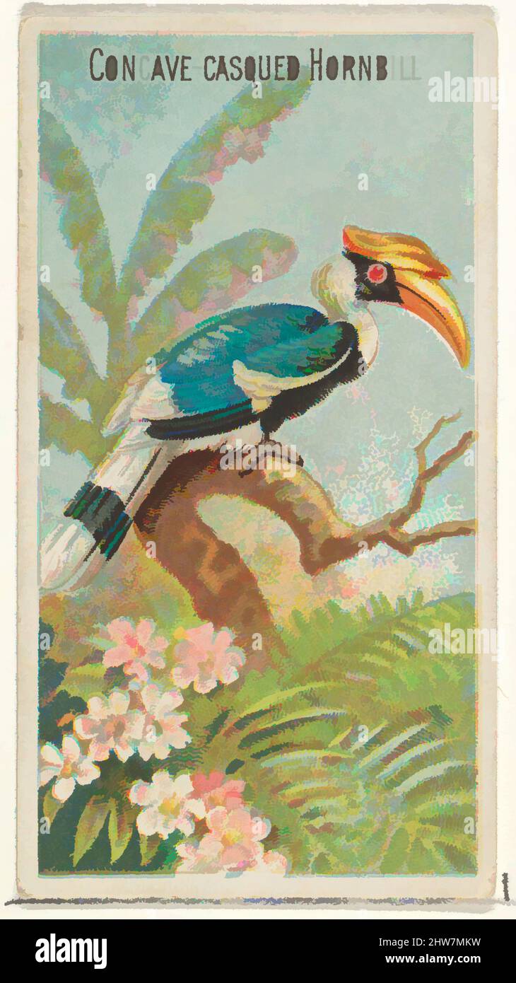Art inspired by Concave-Casqued Hornbill, from the Birds of the Tropics series (N5) for Allen & Ginter Cigarettes Brands, 1889, Commercial color lithograph, Sheet: 2 3/4 x 1 1/2 in. (7 x 3,8 cm), Handelskarten aus der Serie 'Vögel der Tropen' (N5), die 1889 in einer Serie von 50 herausgegeben wurde, klassische Werke, die von Artotop mit einem Schuss Moderne modernisiert wurden. Formen, Farbe und Wert, auffällige visuelle Wirkung auf Kunst. Emotionen durch Freiheit von Kunstwerken auf zeitgemäße Weise. Eine zeitlose Botschaft, die eine wild kreative neue Richtung verfolgt. Künstler, die sich dem digitalen Medium zuwenden und die Artotop NFT erschaffen Stockfoto
